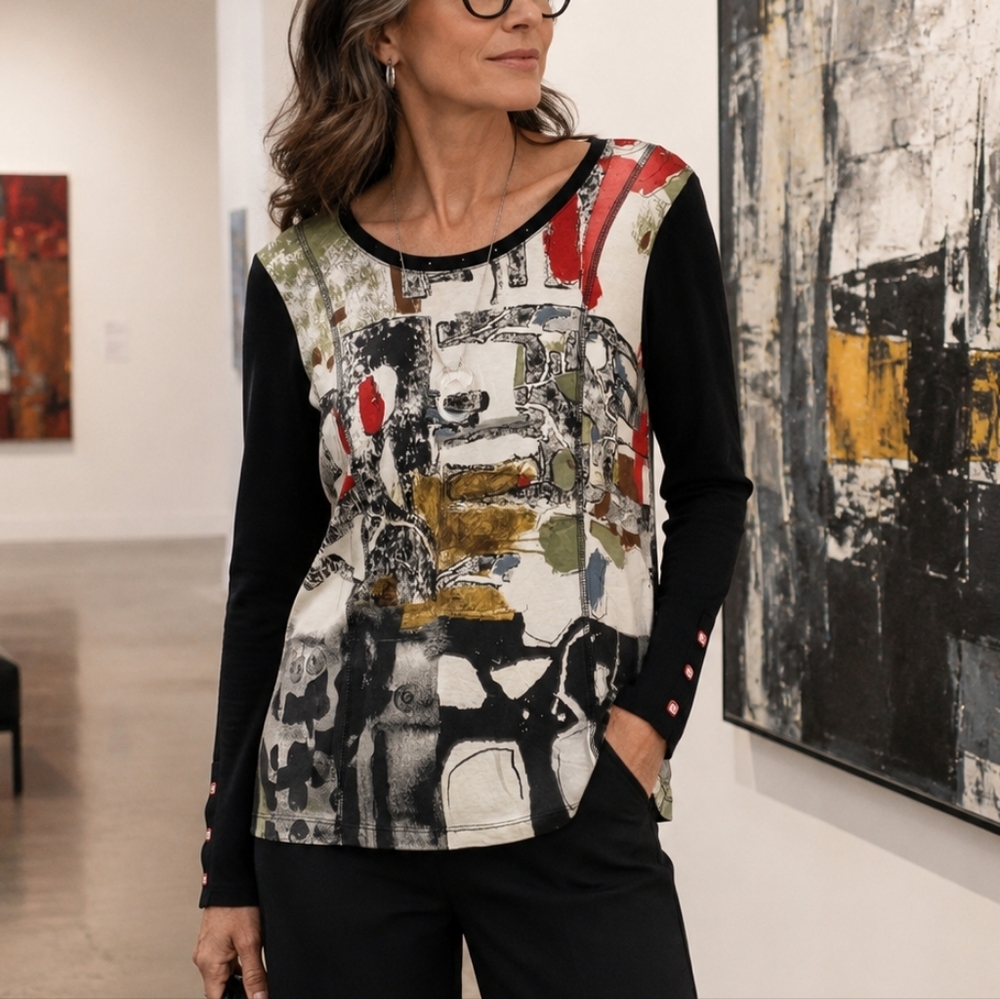 Dolcezza Abstract Print Long Sleeve Top Women’s Size S NWT Artwear Blouse